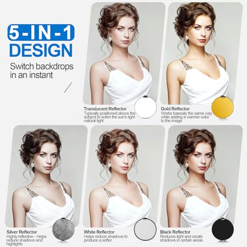 WELLMAKING 32 Inch (80cm) Reflector Photography, Collapsible Light Reflector with Threaded Handle & tilt Adapter, 5 in 1 Handle Reflector for Lighting -Translucent, Silver, Gold, White and Black - color: 5-in-1 (Translucent, Silver, Gold, White, Black), s