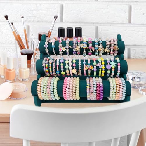 Barelove Velvet Bracelet Holder with 3 Tier Rack, Green T-Bar Storage Organizer Detachable Display Stand for Necklace Watch Bangles Bracelets Scrunchies Organization Showcase - color: Green
