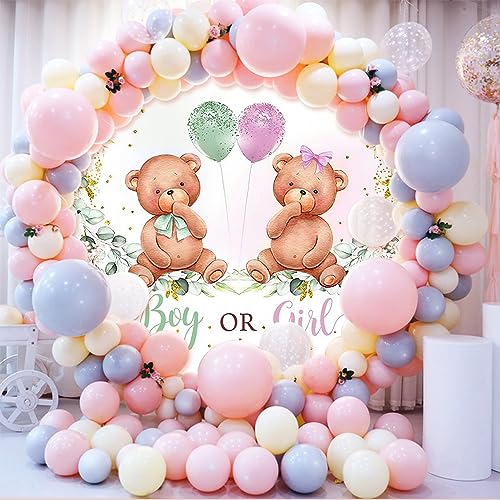 Laeacco 6x6ft Bear Gender Reveal Round Backdrop Boy or Girl Baby Shower Circle Backdrop Watercolor Balloon Eucalyptus Photography Background for Newborn Neutral Reveal Party Portrait Booth Props - size: 6x6ft-Diameter