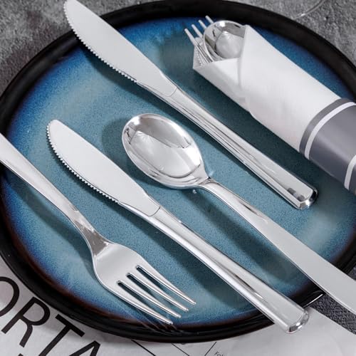 50Guests Pre Rolled Silver Plastic Silverware Sets - Heavy Duty Silver Cutlery - Include 50 Pack Wrapped Disposable Utensils with Napkins for Parties & Dinners & Weddings - color: 50Pack - Silver