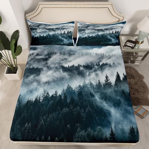 Erosebridal Smoky Mountain Bed Sheets Pineforest Sheet Set King Grey Trees Natural Scenery Art Bed Sheet Mountain with Firforest and Arrow Folk Style Retro Print Decorative Bed Sheet Set - color: Multi 04, size: King