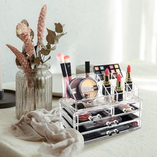Ikee Design Acrylic Makeup Organizer with 4 Drawers and Removable Top Lipstick Holders, Ideal for Make-up or Accessories,Enhance Your Vanity or Bathroom with Clear Design for Quick Visibility - color: 1) 1 Top 4 Drawers