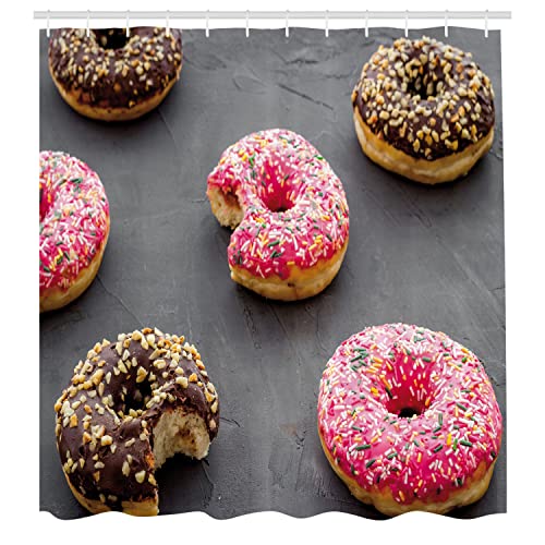 Ambesonne Donut Shower Curtain, Bitten and Whole Doughnuts on a Rustic Look Surface Bakery Print, Cloth Fabric Bathroom Decor Set with Hooks, 69" W x 70" L, Pastel Pink Brown and Ginger - color: Pastel Pink Brown and Ginger, size: 69" W x 70" L