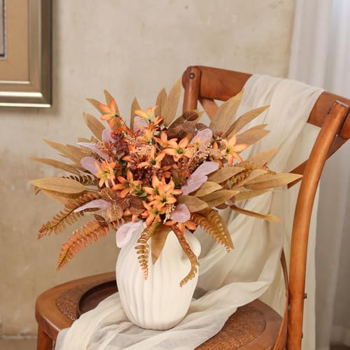 Artificial Greenery Stems Box Set for Fall Decor (Pack of 70pcs) with 8 Kinds of Faux Plants and Fake Flowers for Autumn DIY Wedding Bouquet Table Centerpieces and Floral Arrangement (Brown & Orange)