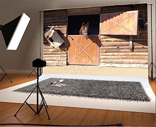 AOFOTO 10x7ft Rustic Wooden Horse Stable Backdrop Vintage Ranch Barn Log Cabin Farm Stall West Wild Photography Background Western Cowboy Theme Birthday Kentucky Party Decoration Photo Studio Props - size: 10x7ft