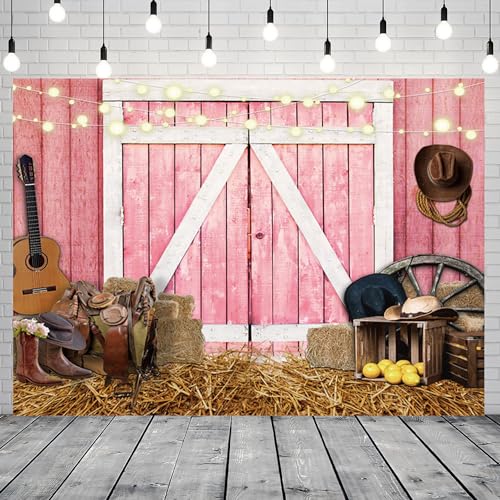 Western Backdrop Rustic Pink Wooden House Barn Door Background Hay Wild West Photography Banner for Birthday Rodeo Cowboy Themed Party Decorations Photo Photobooth Props 12x10ft - size: 12x10 ft