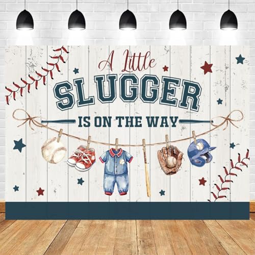5x3ft A Little Slugger is On The Way Backdrop Baseball Themed Baby Shower Party Decoration for Boys Vintage Wooden Stripes Background with Baseball for Gender Reveal Party Photo Booth Props - color: Color 3, size: 5x3ft