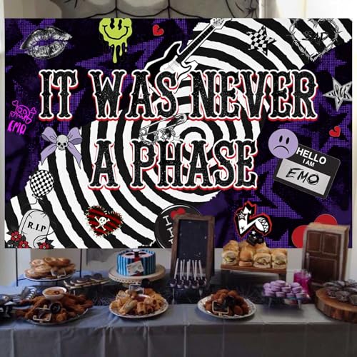 Emo Theme Birthday Party Backdrop 5x3FT, “It was Never A Phase” Banner, Goth Punk Rock Grunge Aesthetic Background Photo Props Wall Decorations for Sad Girl Teen Adult