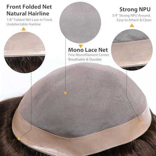 Mens Hair Piece Toupee for Men Replacement Unit Real Mono Lace Brown Color 4# Toupee Human Hair 7x9 Inch 6 Inch Length System Human Hair Durable Base For Thinning European Hair Units - color: 4# brown - Mono NPU, size: 7x9 Inch