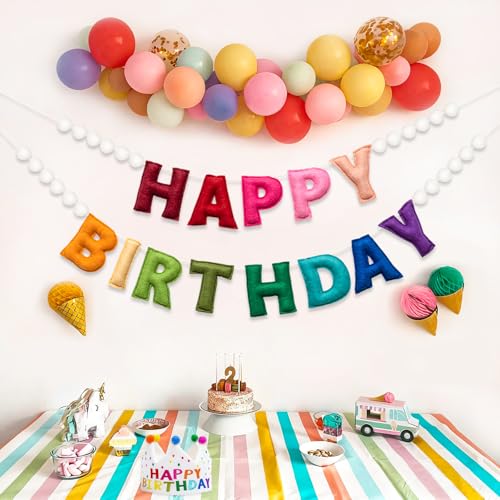 2Pcs Upgraded Pre-Strung Ultra-Soft Wool Felt Happy Birthday Banner Sign, Felt Ball Garland, Rainbow Theme Party Decorations, Reusable Colorful Birthday Garland for Party Decor, Room Decor, Photo Prop - color: Upgraded Rainbow Birthday Banner with White B
