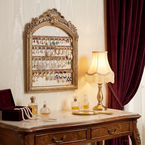1 Pcs 13 x 9.3'' Wall Hanging Earring Holder Organizers Vintage Arched Frame 4 Layer Wall Mounted Jewelry Holder Decorative Retro Baroque Stud Earring Display (Gold) - color: Gold, size: 13 x 9.3''
