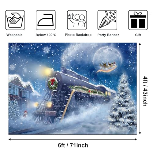 Avezano Christmas Train Backdrop Snow Night Christmas Themed Party Backdrop Moon Santa Claus Railway Photography Background Xmas Day Party Banner Decoration (6x4ft, 71x47inch) - size: 6x4ft, 71x47inch