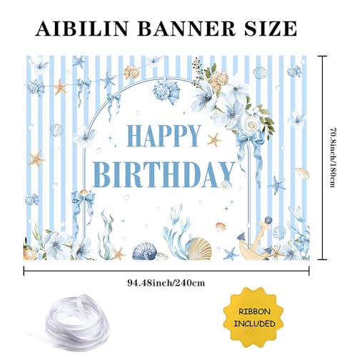 AIBIIN 8x6ft Summer Birthday Backdrop Blue Coastal Ocean Theme Happy Birthday Party Background with Seashell Starfish Floral Design Nautical Beach Decoration for Kids Adults Large Photo Booth Banner - color: Birthday, size: 8x6ft