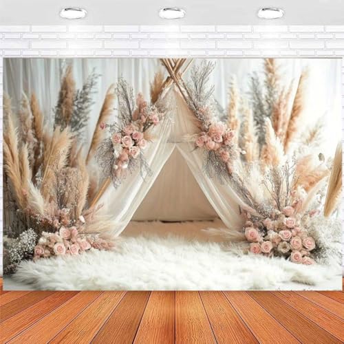 Boho Flowers Tent Photography Backdrops Pink Bohemian Style Girl Birthday Party Decorations 1st Birthday Party Baby Shower Cake Smash Backdrop Photo Studio Photography Props (6x4ft) - size: 6x4ft