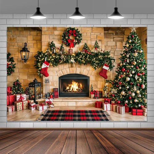 6x4ft Christmas Fireplace Backdrop Winter Merry Christmas Vintage Xmas Tree Sock Family Kids Portrait Picture Party Decorations Photo Backdrops Farmhouse Brick Wall Red Plaid Photography Background - color: Multi6, size: 6X4ft