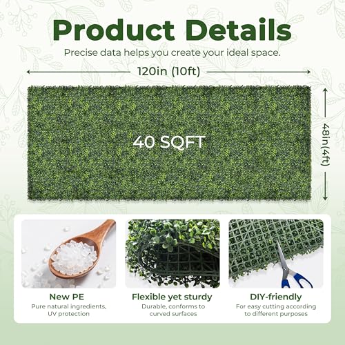 Artificial Boxwood Backdrop Roll: 48"x120" (40 sqft) UV-Anti Greenery Faux Grass Hedge for Indoor Outdoor Green Wall Decor, Patio Privacy Screen, Garden Fence Covering - size: 48"X120"