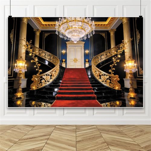 5x3ft Luxury Palace Staircase Backdrop Black Gold Marble Double Staircase Red Carpet Crystal Chandelier Photo Background for Wedding Formal Event Photo Booth Props Polyester - color: Black Gold, size: 5x3ft