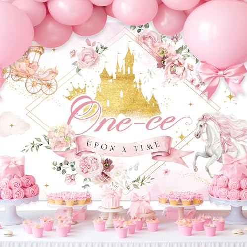 Girl 1st Birthday Backdrop 7Wx5H Feet Pink Floral Castle Horse Gold Carriage Princess Birthday Photography Background Decorations Photo Booth Studio Prop Fabric - color: 1st Cowgirl, size: 7Wx5H