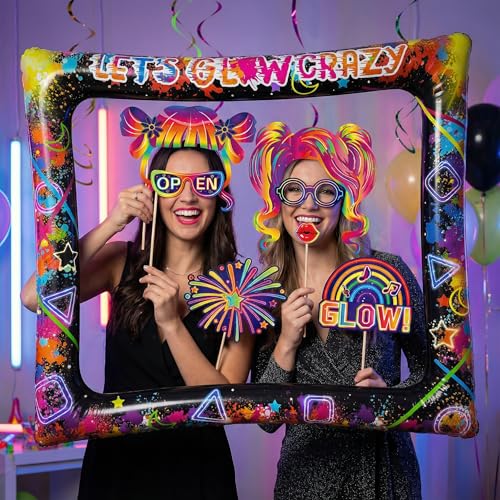 Glow Neon Inflatable Photo Frame & Props, 30Pcs Neon Photo Booth Props with Let's Glow Crazy Inflatable Selfie Picture Frame for Neons Disco Black Light Party Supplies - color: Let's Glow