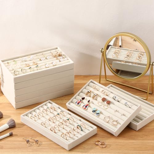 Highergo 8 Pcs Velvet Jewelry Trays Stackable Drawers Organizer Ring Earring Bracelet Necklace Storage Trays, 8.3x4.7x1''(7 Long Slots) - style: 7 Long Slots