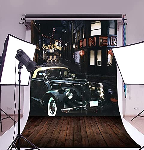 AOFOTO 5x7ft Vintage Street Corner Background Retro Car Photography Backdrop Nostalgia Urban Buildings Boy Adult Lovers Girl Man Portrait City Nightscape Photo Studio Props Video Wallpaper - size: 5x7ft