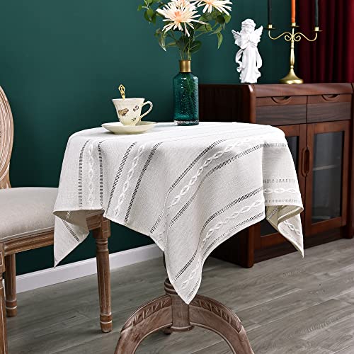 NEWISHER Rustic Farmhouse Embroidered Small Square Tablecloth Jacquard Striped Table Cloth Linen Texture Washable Side Table Cover Kitchen Dining Home Decoration 36x36 inch - color: Off White, size: 36" x 36" (Square)