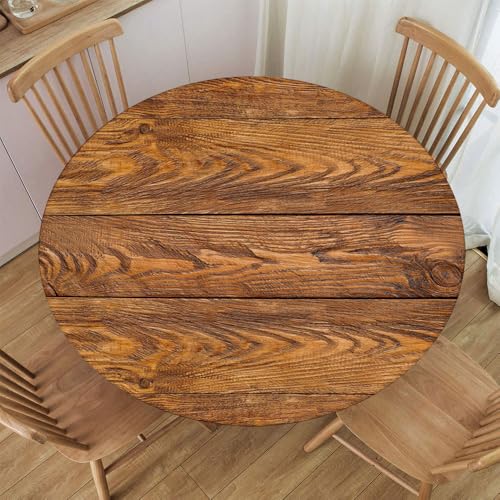 Round Elastic Tablecloth, Hardwood Floor Natural Rustic Wood Texture, for Picnic/Camping/BBQ Party, Indoor Outdoor, Fit for Diameter 28.2"-32.1" Round Table - color: Wood Texture -1, size: 32.1" (Round)