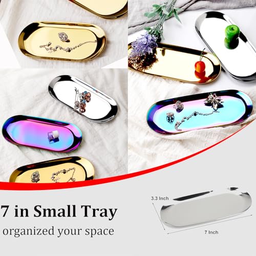 Stainless Steel Decorative Tray, Set of 2, 7 Inch Long, Jewelry Dish Cosmetics Organizer Bathroom Clutter Serving Platter Small Storage Tray, Oval, Silver - color: Silver