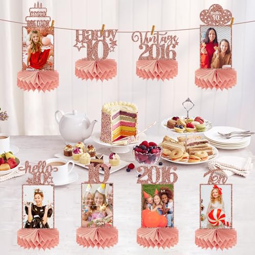 Guiruiy 8Pcs Happy 10th Birthday Decorations Photo Honeycomb Centerpieces for Girls, Pink Rose Gold Glitter Vintage 2016 10 Bday Photo Table Centerpieces Party Supplies, Happy Tenth Bday Table Topper - style: Rose Gold 10th