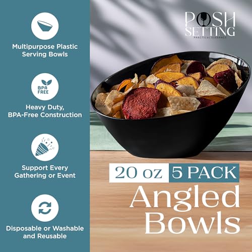 Posh Setting - Black Plastic Serving Bowls for Party Angled Bowls Disposable Chip Bowls Candy Bowls for Party Table Salad and Fruit Bowls for Wedding Serving Bowls-Black, 20 OZ, 5 Pack - color: Black, size: Medium 20 OZ