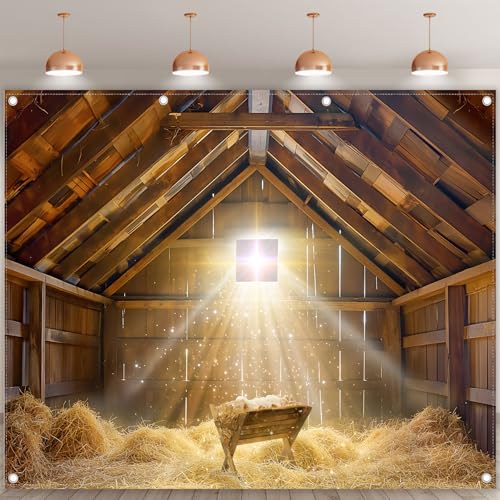 10x8ft Fabric Christmas Manger Scene Backdrop Birth of Jesus Nativity Holy Family Photography Background Barn Stable Christian Party Decor Photo Props - size: 10'x8'