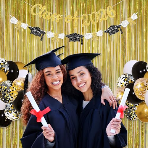 Gold Tinsel Curtain Backdrop – Melsan 2 Pack 3.2 ft x 8 ft Metallic Foil Fringe Curtains for Class of 2026 Decorations, Birthday Decorations, Photo Booth Backdrop, Sparkle Gold Party Streamers - color: Gold
