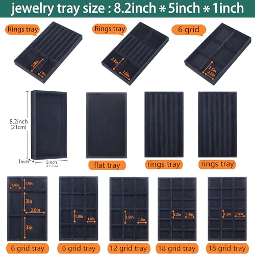 12 Pcs Velvet Jewelry Tray Stackable Jewellery Organier Trays Earrings Necklace Rings Storage Box Jewelry Drawer Display Case for Bracelet Earring Watch Accessories with Removable Dividers, Black - color: Black, size: 12 Pcs