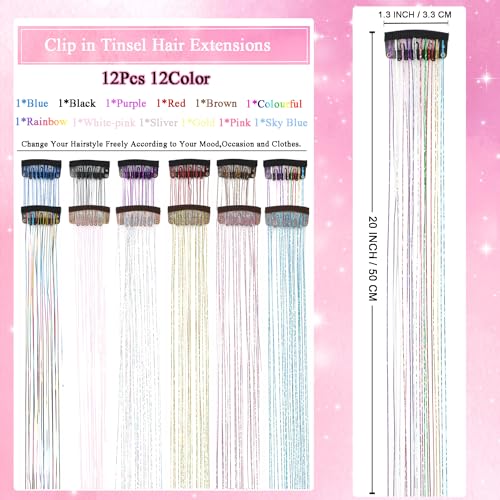 Hair Tinsel Kit 12 Pcs Hair Tinsel Clip in Glitter Tinsel Hair Extensions 20 Inch Clip in Hair Tinsel Heat Resistant Sparkly Fairy Hair Accessories for Girls Women Kids (12 Colors) - color: 12 Colors