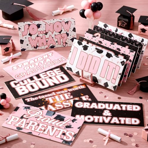 Beeveer 24 Designs Pink Graduation Photo Booth Props Double Sided 11x5.51'' Pink and Black Graduation Decoration 2026 Picture Props for Photoshoot Waterproof Selfie Signs PVC for Prom Party Supplies - color: Black Pink, style: Black Pink Graduation