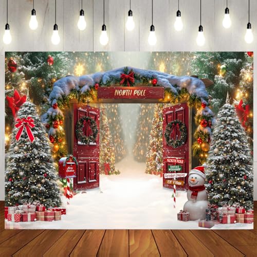 7x5ft Fabric Christmas North Pole Backdrop Winter Forest Wonderland Santa’s Workshop Door Background Xmas Tree Family Holiday Party Decor Photo Props 346 - size: 7x5ft