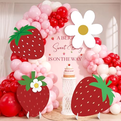 4 Pcs Large Strawberry Birthday Cardboard Cutouts Strawberry Baby Shower Backdrop Party Decorations for Lawn Yard Signs Summer Fruit Themed Party Supplies Photo Booth Props - style: Strawberry