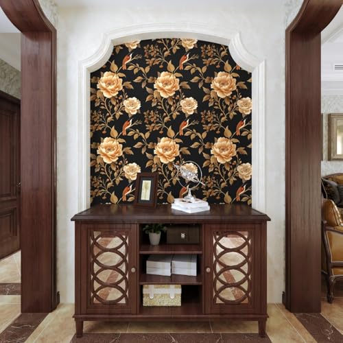 Laatse Vintage Floral Bird Wallpaper Peel and Stick Boho Wallpaper 17.5in x393in Black/Golden Floral Wall Mural Waterproof Self-Adhesive Modern Wall Paper for Bedroom Kitchen Cabinet Drawer Decor - color: Black and Gold Bird, size: 17.5" x 393"