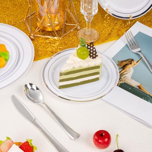 BESTSTAR 7 Inch White Plastic Plates,100PCS Disposable Dessert/Appetizer/Small Cake Plates with Silver Rim,Heavy Duty Plate Ideal for Wedding and Birthday - color: White Silver, size: 7 inch