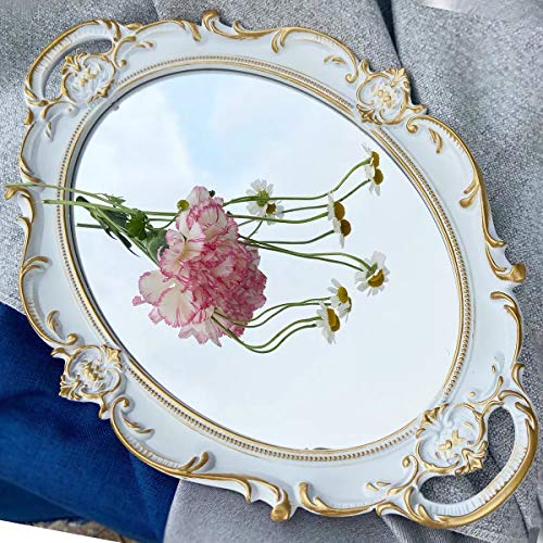 Schones Geschaft Decorative Mirror Tray, Makeup Jewelry Perfume Organizer, Vintage Oval Display and Serving Tray for Bedroom Living-Room Dresser Decor (14.6”x 9.8”) (White - Oval) - color: White - Oval