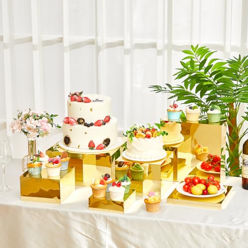 Leinuosen 7 Pcs Large Buffet Risers Set 6" to 12" Acrylic Display Box Catering Dessert Table Riser Food Display Decorative Stand with Hollow Bottom for Catering Supplies(Gold, Square) - color: Gold, size: 6" to 12", style: Square