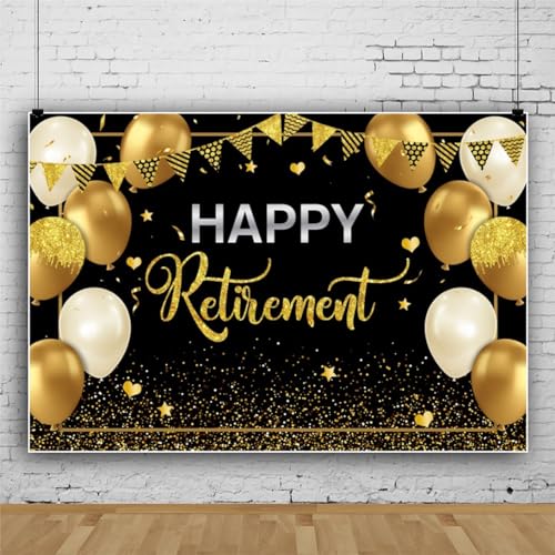 5x3ft Happy Retirement Backdrop for Photography Glitter Black Gold Retirement Party Decorations Banner Background Gold Sequins Balloons Men Women Celebrate Retirement Party Supplies Props - color: Black Gold07, size: 5x3ft