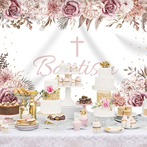 God Bless Backdrop for Girl's Baptism Boho Flowers Bohemia Decorations Photohraphy Background Blush Pink Floral First Communion Party Baby Shower Backdrops Banner Photo Booth Props 7x5ft