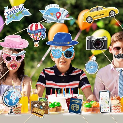 25Pcs Travel Photo Booth Props with Stick, Adventure Awaits Theme Selfie Props, Bon Voyage Birthday Party Supplies, Around The World Photography Backdrop Decorations