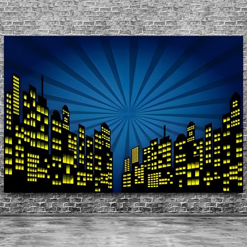 15x8ft Polyester Cartoon Super City Background Skyline Skyscraper Urban Light Photography Backdrop Children Boby Happy Birthday Backdrop Super City Party Photo Studio Props - size: 15x8 FT