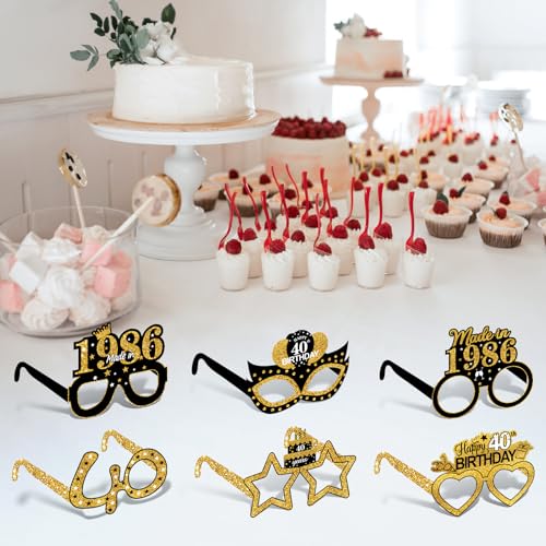 Turypaty 24Pcs 1986 40th Birthday Paper Glasses Decorations for Men Women - Black Gold Happy 40th Birthday Paper Eyeglasses Photo Props, Vintage 1986 Forty Years Old Birthday Party Supplies - style: Black Gold 40th