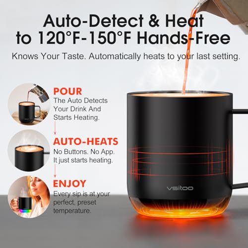 Vsitoo S6 Plus Smart Coffee Mug, 12oz,Temperature Controlled Mug & Electric Coffee Mug with Music Sync Lights,Auto-Sensing AI Heats Drinks to 120-150°F Hands-Free. Ideal for Home/Office/Gifts - Black - color: Black