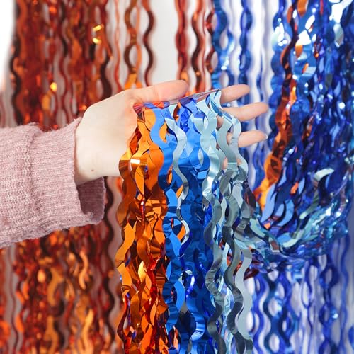 3 Pack Wavy Blue Dog Tinsel Backdrop Party Decorations - 3.3x6.6ft Orange and Dark Light Blue Metallic Foil Fringe Streamers for Birthday Party Supplies Photo Booth Prop Backdrop - color: Orange+blue+navy Blue