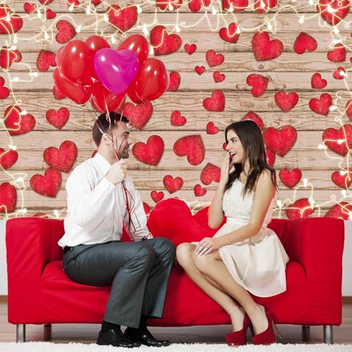 Vintage Rustic Wood Glitter Glow Red Love Heart Valentine's Day Theme Photography Backdrop Wedding Anniversary Bridal Shower Mother's Day Photo Background Couple Studio Shoot Props Supplies 7x5ft - size: 7x5 FT