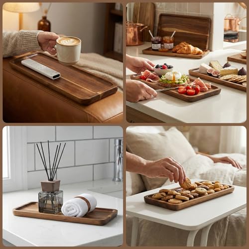 2 Pack Rectangular Wooden Platters, 11.4 x 4.1 Inch Acacia Wood Serving Tray, Long Rectangle Wood Platter Board for Cheese, Snack, Dessert, Food Display Home Decor